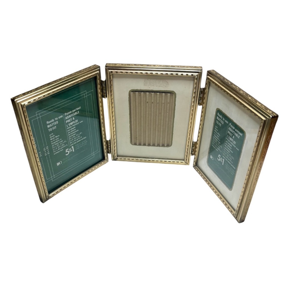 3 Section Brass Picture Frame 3x4” Vintage Filigree Hinged Tri-fold